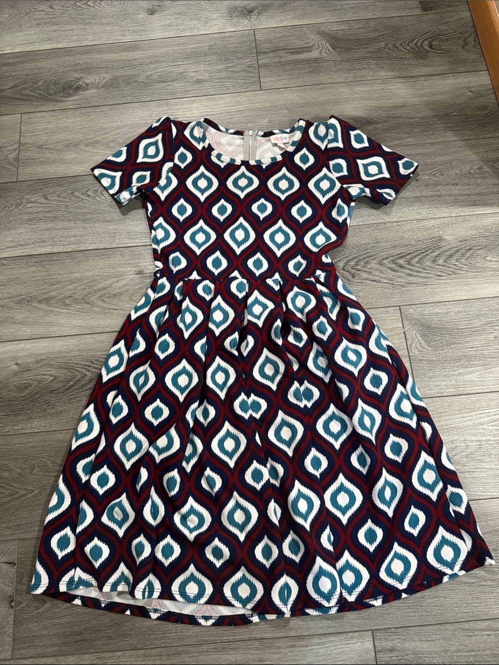 LuLaRoe Teal and Burgundy Geometric Fit & Flare Dress